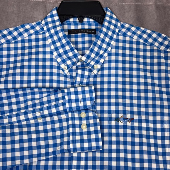 Greg Norman Other - Greg Norman Button Down Shirt Mens L Teal Gingham Excellent Stretch Shark Logo